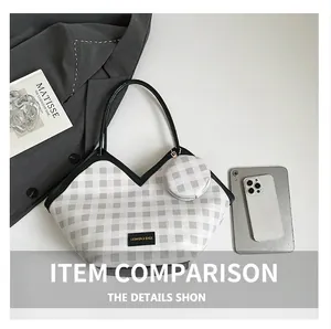 Detail of plaid tote bag with matching round coin purse and black shoulder handles
