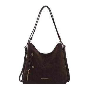 Large dark brown suede Hobo shoulder bag with metallic tassels and long double straps