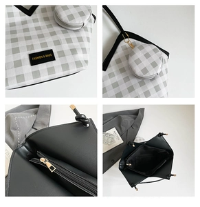 Vue détaillée du sac cabas à carreaux avec porte-monnaie assorti et intérieur zippé