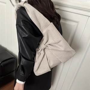 Retro large beige corduroy tote bag for women featuring a stylish bow knot design