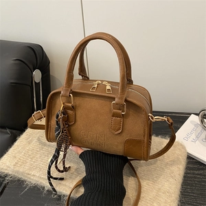 Vintage Women's Boston Bag PU Suede Stitching Crossbody Bag Tennis Racket Pendant Handbag Urban Simple Fashion Purse