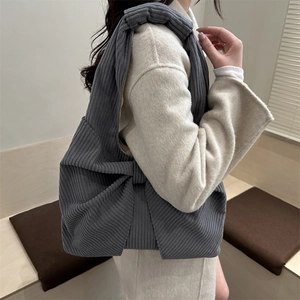 Large grey corduroy tote bag for women with wide shoulder straps in a retro casual style