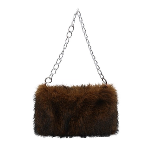 Faux fur tote bag with dark brown fluffy texture and a chunky silver chain strap