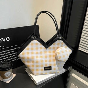 Sac Cabas à Carreaux Vichy pour Femmes Grande Capacité en Cuir PU Sac à Bandoulière Et Mini Porte-Monnaie Rond Mode Navetteur