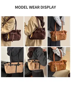 Multiple views of large suede tote bag with boho charm and leather straps in earth tones