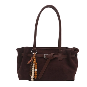 Retro brown suede tote bag with long handles and bohemian beaded fringe detail