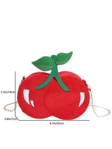 Detailed dimensions of cherry shaped crossbody bag with red suede and rose gold chain