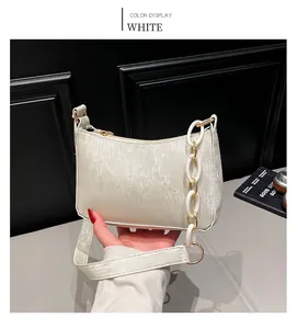 Close-up of white crossbody bag featuring stylish acrylic chain and wide fabric strap