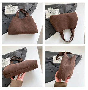 Detailed four-view close-up of a brown suede tote bag showing capacity and structure