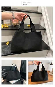 Detailed views of a black faux suede tote bag shown in multiple lifestyle settings