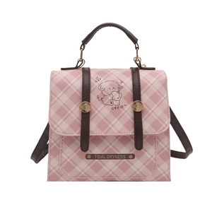 Pink checkered trendy women's shoulder bag with cute cartoon puppy illustration and gold hardware