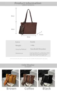 Detailed dimensions of suede tote bag and small pouch including strap and bag size