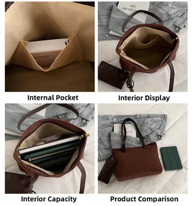 Detailed interior of a large brown PU leather tote bag with organizers and accessories
