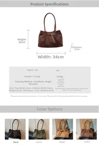 Detailed size specifications for large suede tote bag with four color comparisons