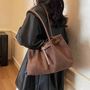 Minimalist large brown suede tote bag for women with leather straps and retro style