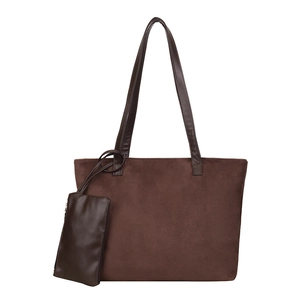 Dark brown suede tote bag set with matching wristlet pouch for women's daily commuting