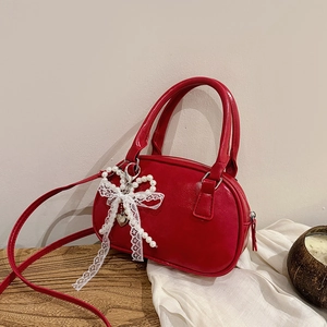 Women Retro Korean Fashion PU Leather Handbag Bowling Bag With Detachable Artificial Pearl Lace Bow Shoulder Crossbody Bag