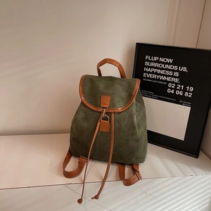 Retro Suede Texture PU Leather Backpack For Women Large Capacity Drawstring Flap School Bag Fashion Urban Daily Daypack