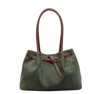 Retro dark green suede tote bag with brown leather shoulder straps and buckle detail