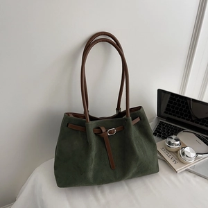 Women Large Capacity Tote Bag Frosted PU Leather Suede Texture Shoulder Handbag With Decorative Belt Magnetic Buckle