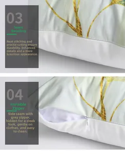 Detail of short plush pillowcase featuring ginkgo leaf pattern and hidden zipper