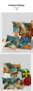 Detail view of plush velvet ginkgo leaf pillow case with gold and green abstract pattern