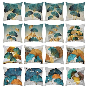 Modern Minimalist Ginkgo Leaf Decorative Cushion Cover Soft Polyester Gold Teal Leaves Pillowcase For Sofa Living Room Decor