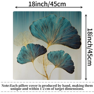 Short plush ginkgo leaf pillowcase 18x18 inches in teal and gold luxury aesthetic