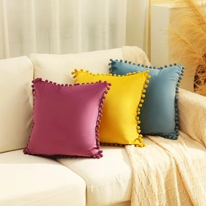 Nordic Velvet Square Throw Pillow Cover With Pom Pom Trim Solid Color Soft Decorative Cushion Case For Sofa Couch Home Decor