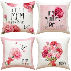 Housse De Coussin Fête Des Mères Texture Lin Motif Fleurs D'oeillet Rose Taie D'oreiller Décorative Pour Maman Cadeau