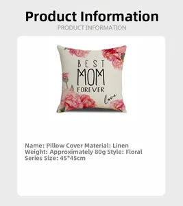 Détail de la housse de coussin en lin avec œillets roses et texte Best Mom Forever