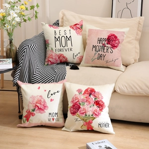 Lot de 4 housses de coussin Fête des Mères en lin avec motifs fleurs d'œillets