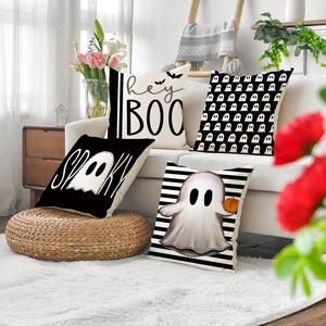 Set of 4 Halloween linen pillow covers with ghosts and SPOOKY hey BOO festive designs
