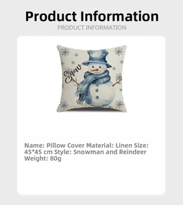 Detail view of 45x45cm linen pillowcase with snowman print and snow typography texture