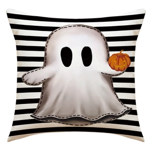 Halloween ghost and pumpkin decorative linen pillowcase with black and white stripes