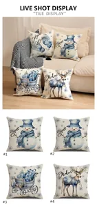 Set of 4 Christmas pillow covers with blue watercolor snowman and reindeer prints