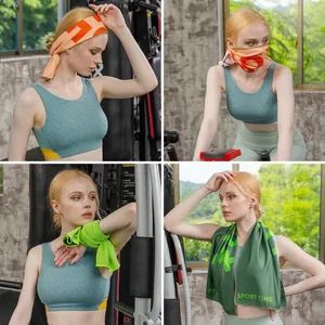 Versatile cooling sports towel used as headband and neck wrap in gym settings