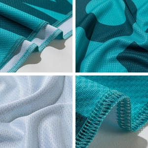 Breathable cooling sports towel with geometric print and reinforced overlock stitching