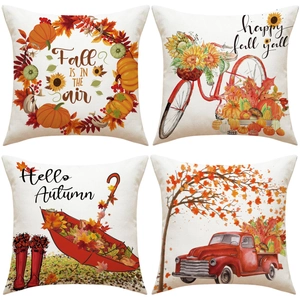 Autumn Thanksgiving Linen Pillowcase Fall Harvest Pumpkin Vintage Red Truck Sunflower Maple Leaf Decorative Cushion Cover For Sofa Home Decor