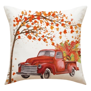 Linen Thanksgiving pillow case with vintage red truck and autumn maple leaf design
