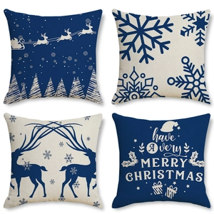 Taie d'Oreiller en Polyester Texture de Lin de Noël Père Noël Renne Imprimé Housse de Coussin Décorative Canapé Maison