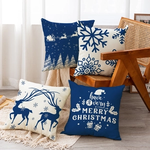 Lot de quatre housses de coussin de Noël en lin avec motifs Père Noël et rennes pour canapé