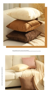 Detail of plush velvet pillow covers in cream, gold, and coffee tones for sofa decor