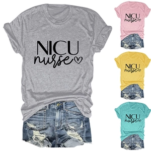 Flat lay view of NICU nurse cotton t-shirts in grey, pink, yellow and teal colors