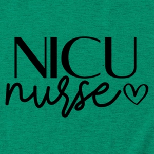 Detail of NICU nurse print with heart on a green soft cotton t-shirt fabric