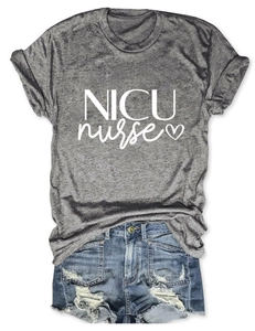 Flat lay of NICU nurse dark grey heather t-shirt and distressed denim shorts outfit