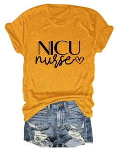 Flat lay of ginger yellow NICU nurse T-shirt paired with distressed denim shorts