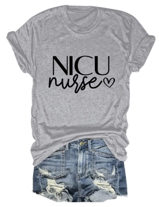 Close-up of NICU nurse printed grey t-shirt and blue distressed denim shorts set
