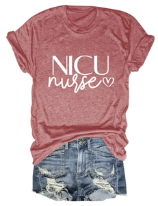 Flat lay of maroon NICU nurse T-shirt paired with distressed light blue denim shorts