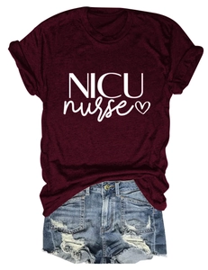 Detail of burgundy NICU nurse t-shirt showing cotton fabric and heart print design